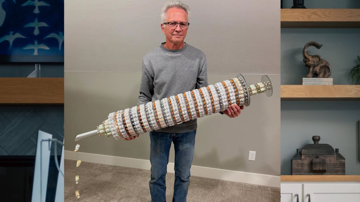 Foto / Reprodução - americano segura instalação de obra criada com frascos de insulina durante 52 anos de tratamento do Diabetes