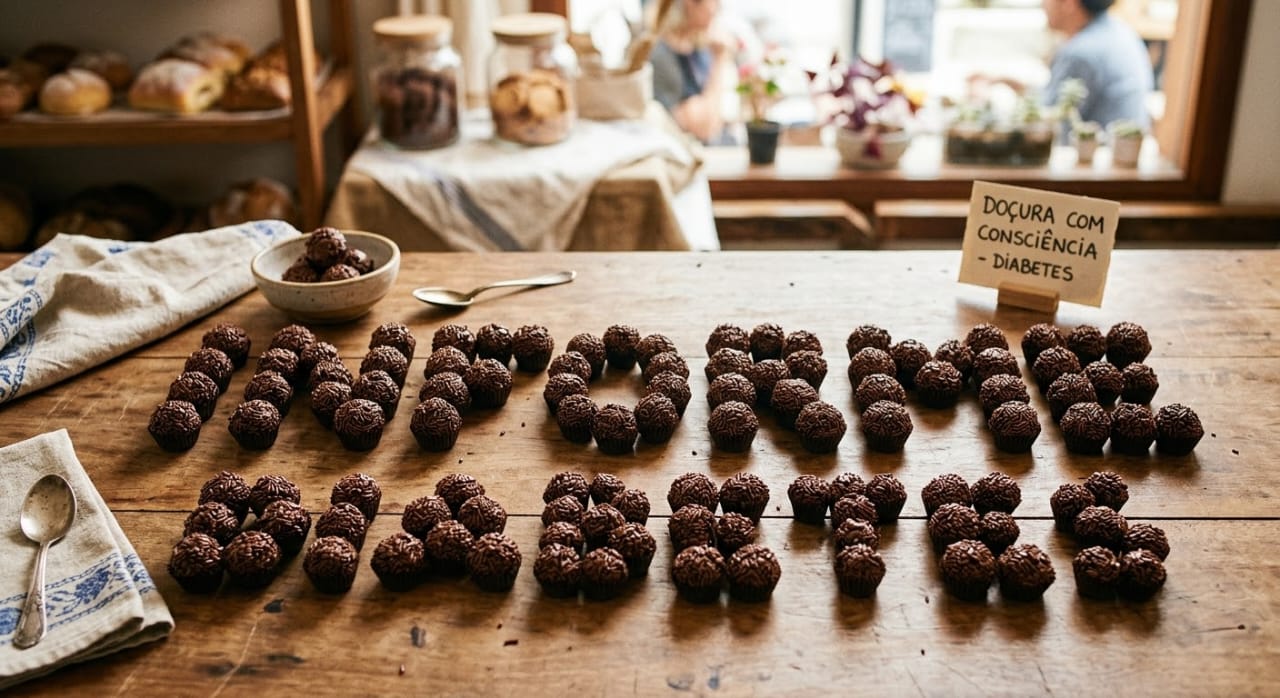 Foto / Reprodução - Brigadeiros Diets em uma mesa formando a palavra Informe Diabetes, em alusão ao nome do Portal